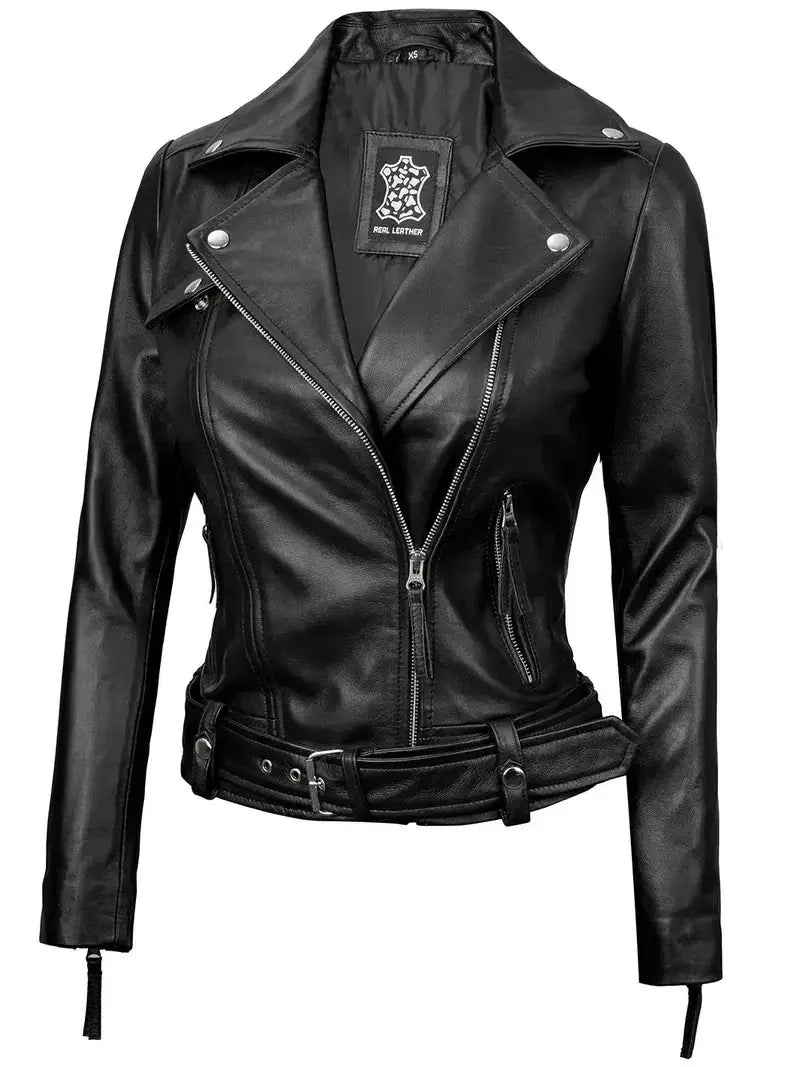 Angela Womens Black Belted Asymmetrical Leather Jacket Orca Cloths