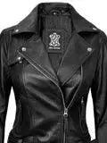 Angela Womens Black Belted Asymmetrical Leather Jacket Orca Cloths