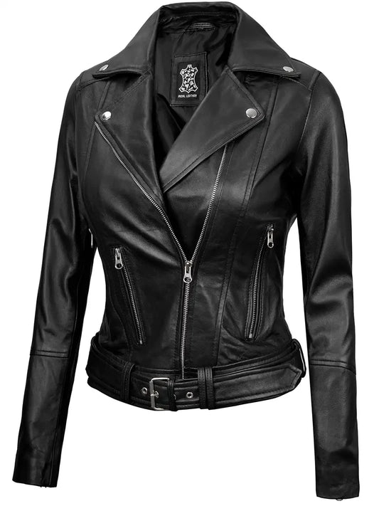 Women's Black Asymmetrical Biker Leather Jacket
