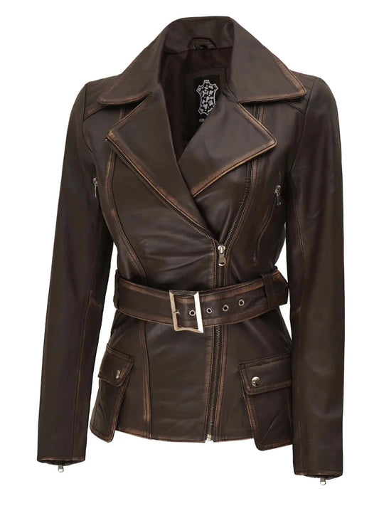 Women's Distressed Brown Leather BIker Jacket