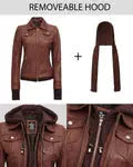 Dark Brown Women's Bomber Leather Jacket with Removable Hood - Orca Cloths