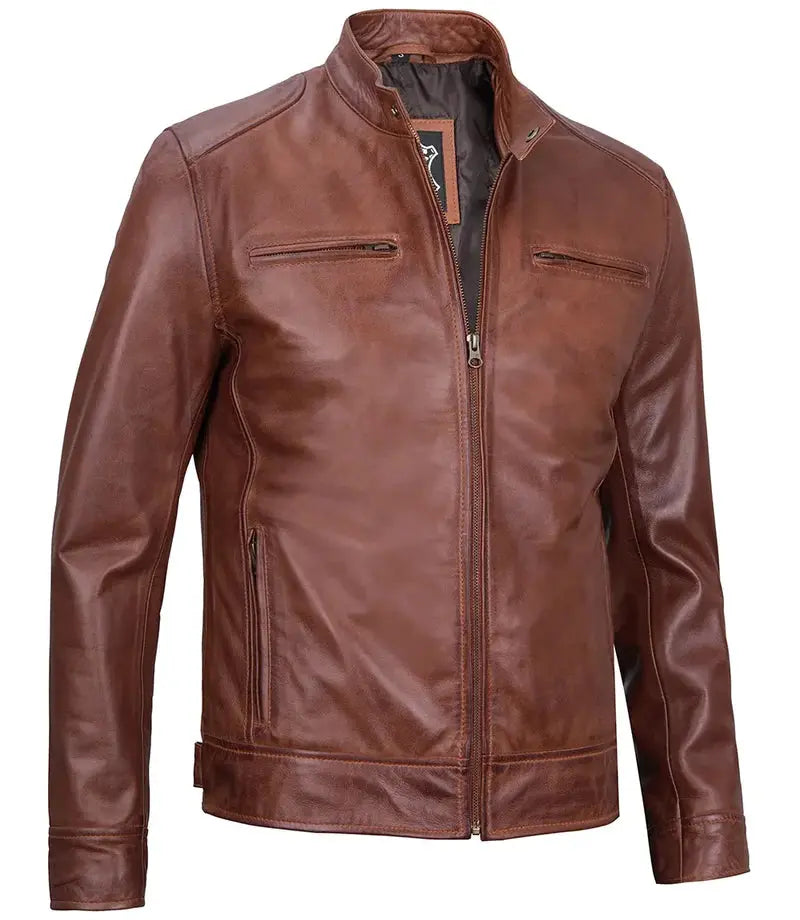 Dodge Tall Mens Cognac Cafe Racer Leather Jacket - Orca Cloths