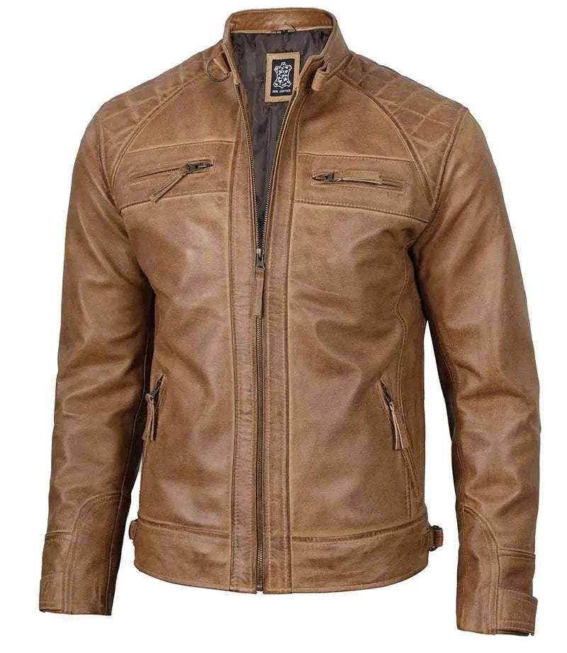 Diamond Men's Distressed Camel Brown Cafe Racer Leather Jacket