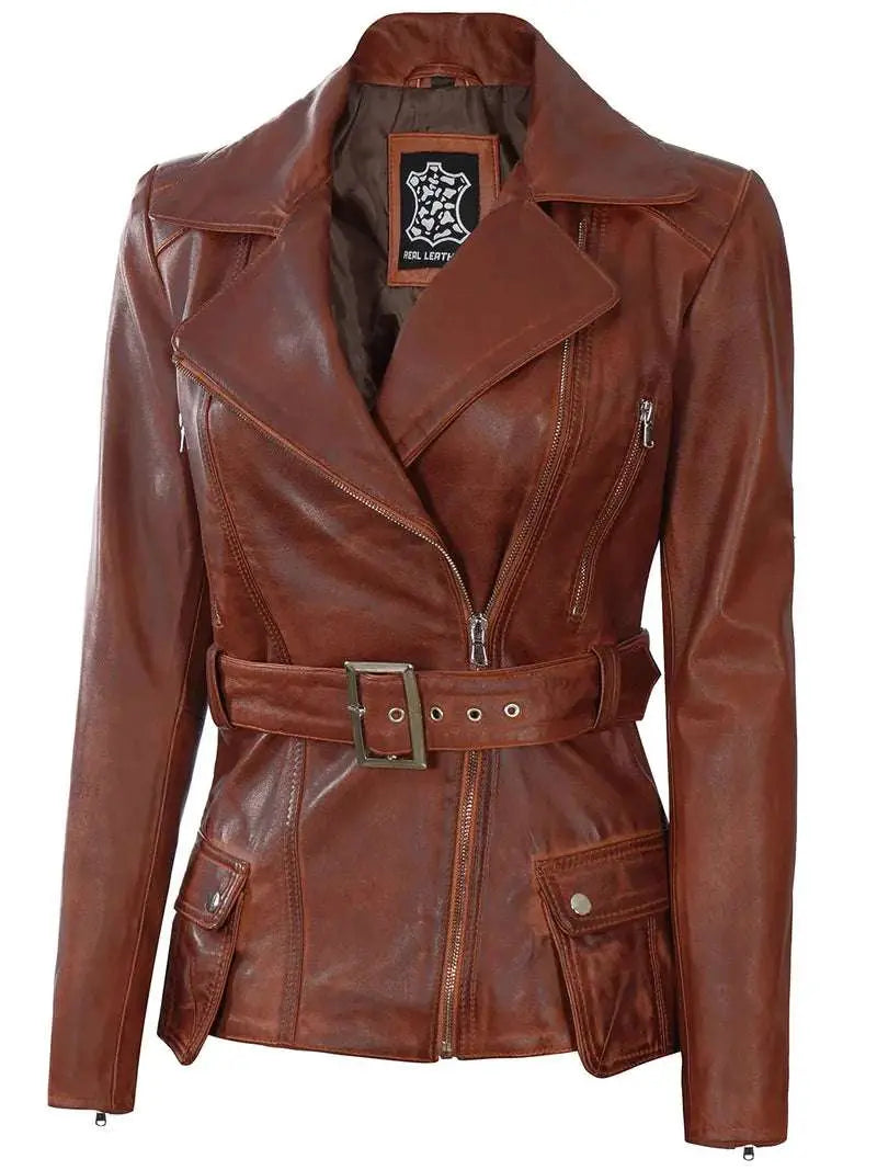 Cognac Wax Women Leather Biker Jacket