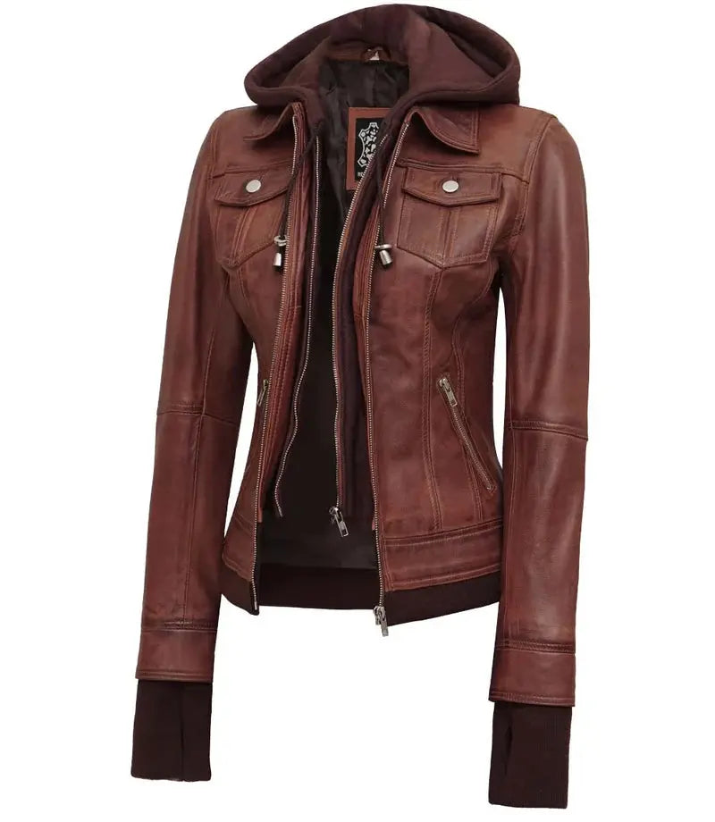 Dark Brown Women's Bomber Leather Jacket with Removable Hood - Orca Cloths