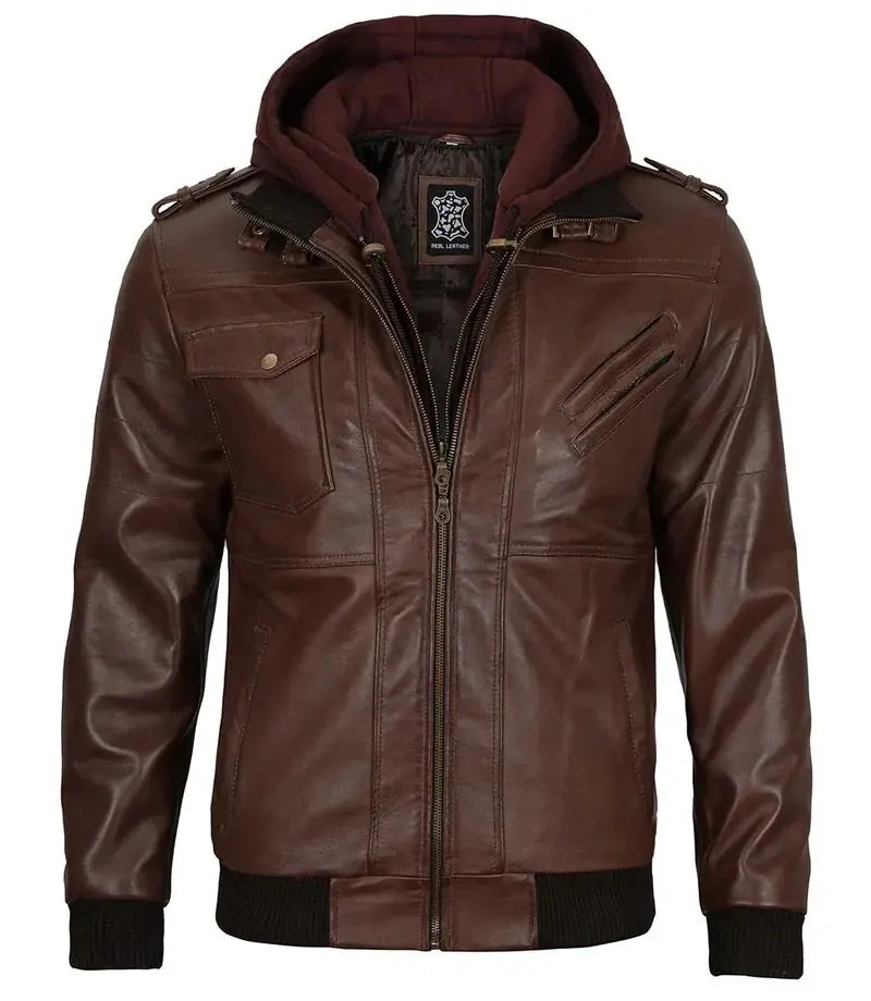 Edinburgh Men's Bomber Dark Brown Removable Hooded Leather Jacket - Orca Cloths