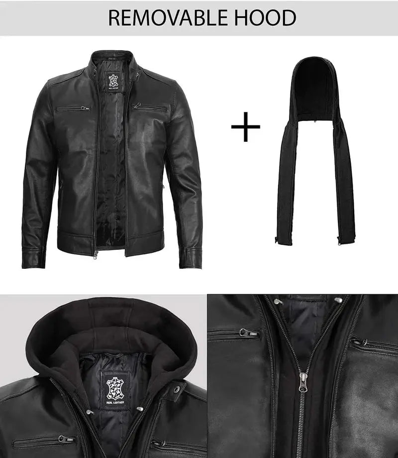 Dodge Men's Black Moto Leather Jacket With Hood - Orca Cloths
