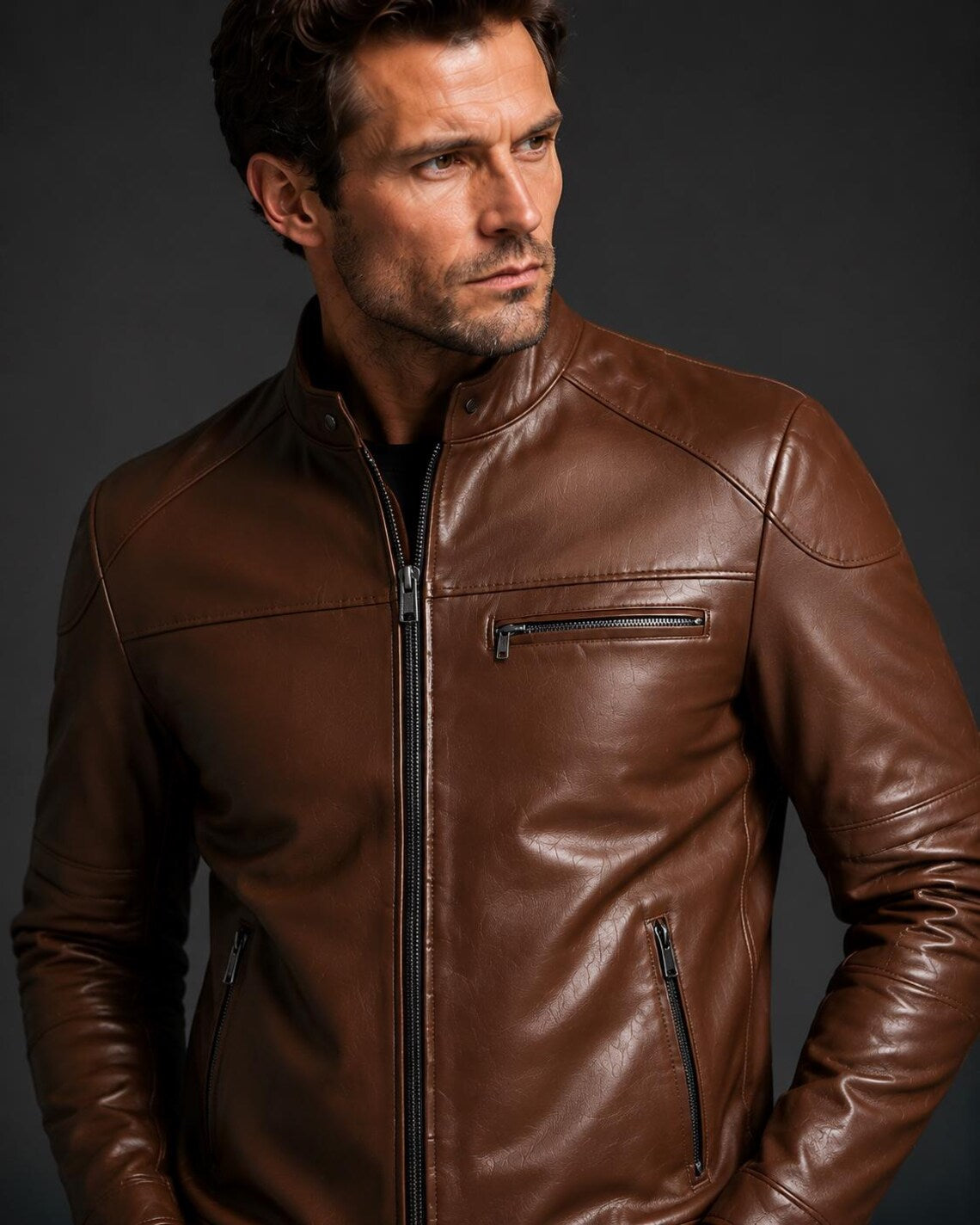 Men's Brown Leather Cafe Racer Jacket | Orca Leather Collection