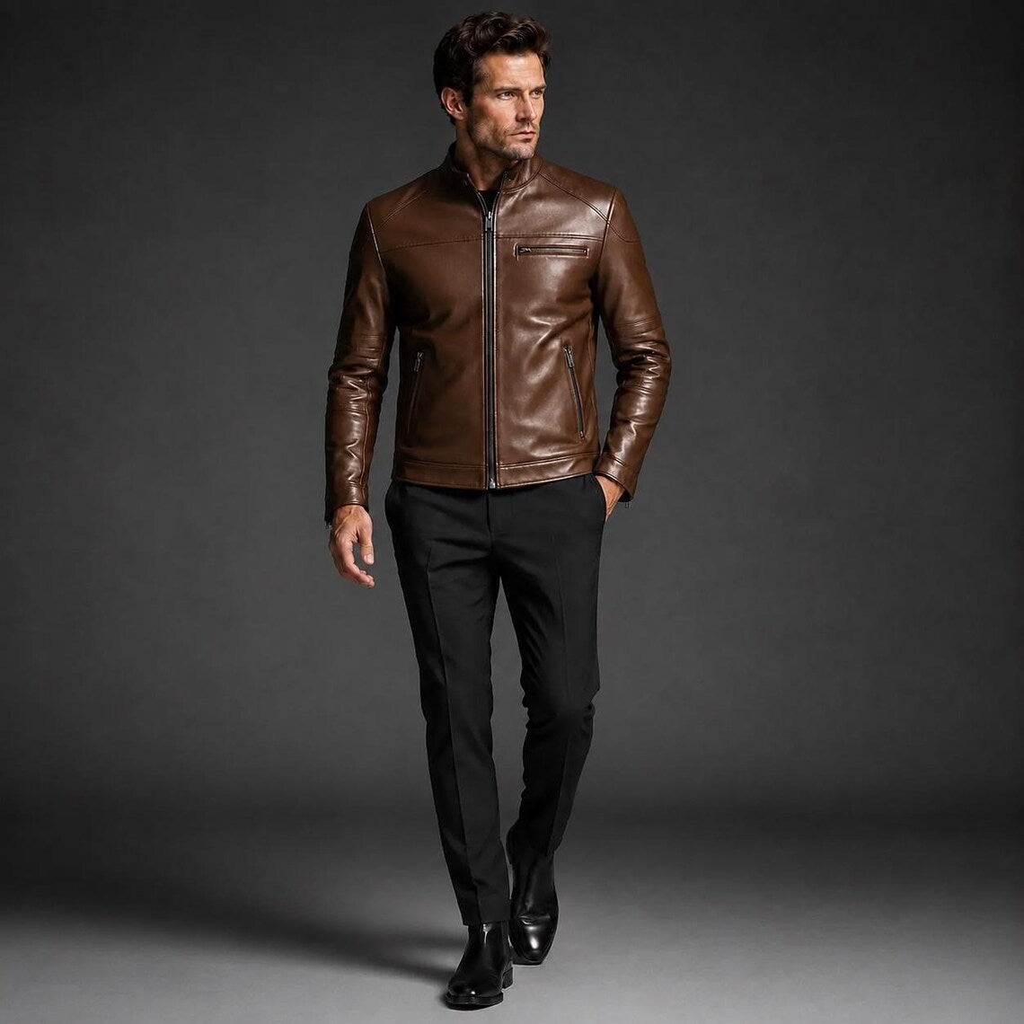 Men's Brown Leather Cafe Racer Jacket | Orca Leather Collection
