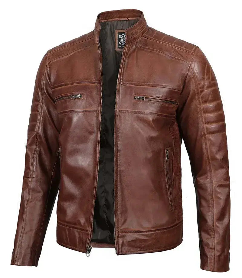 Austin Tall Men Cognac Brown Cafe Racer Leather Jacket - Orca Cloths