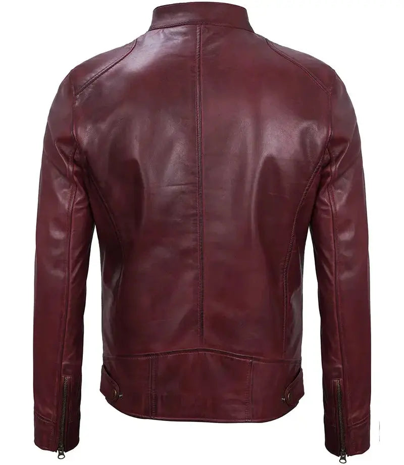 Dodge Men's Maroon Cafe Racer Leather Jacket - Orca Cloths