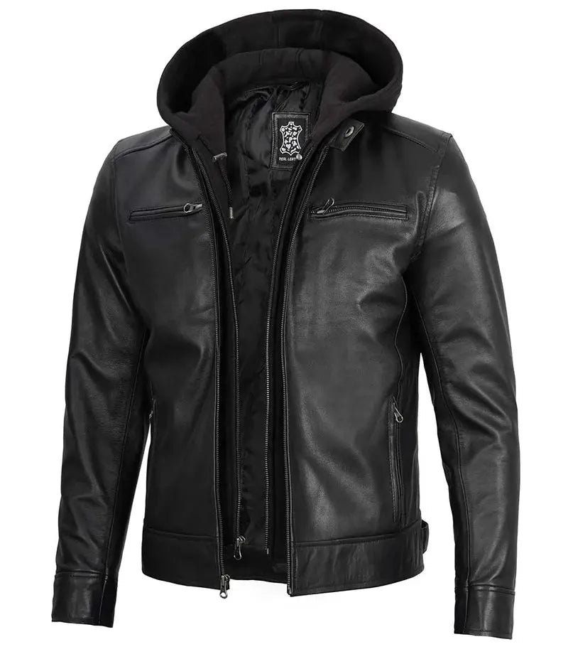 Dodge Men's Black Moto Leather Jacket With Hood - Orca Cloths