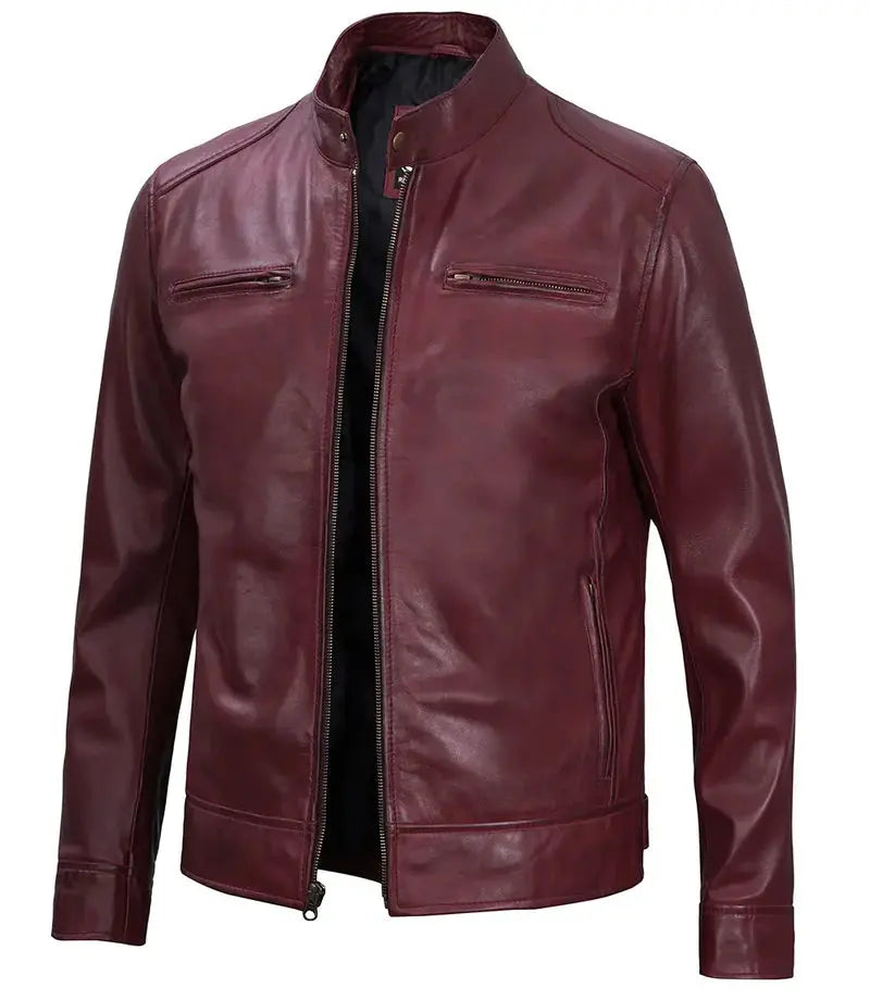 Dodge Men's Maroon Cafe Racer Leather Jacket - Orca Cloths