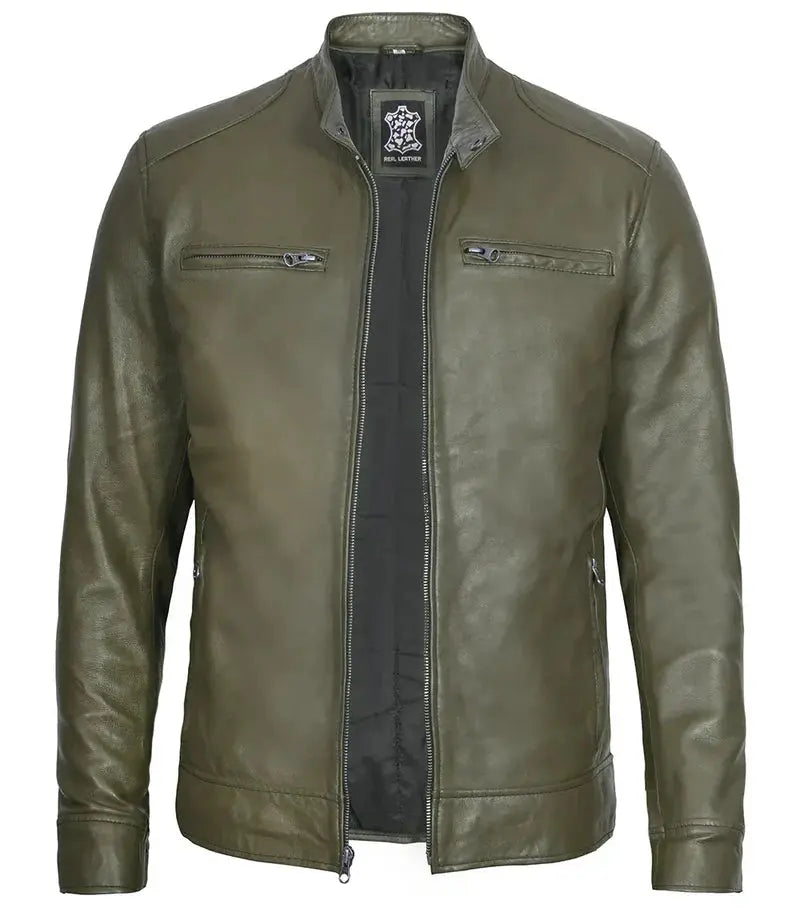 Dodge Mens Green Cafe Racer Leather Jacket - Orca Cloths