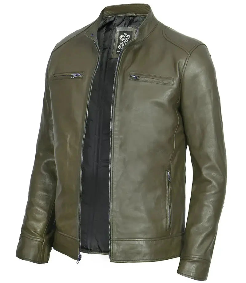Dodge Mens Green Cafe Racer Leather Jacket - Orca Cloths