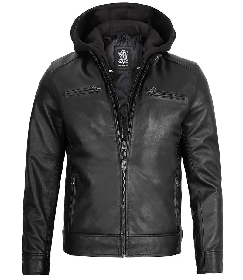 Dodge Men's Black Moto Leather Jacket With Hood - Orca Cloths
