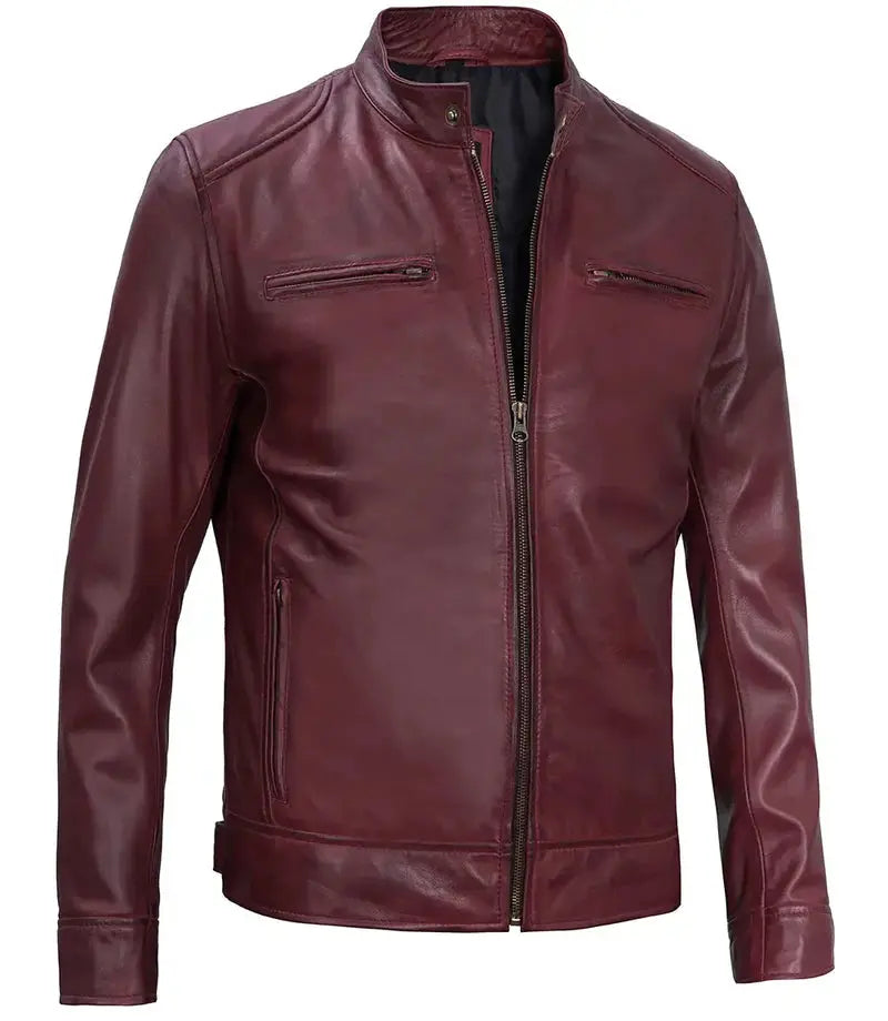 Dodge Men's Maroon Cafe Racer Leather Jacket - Orca Cloths