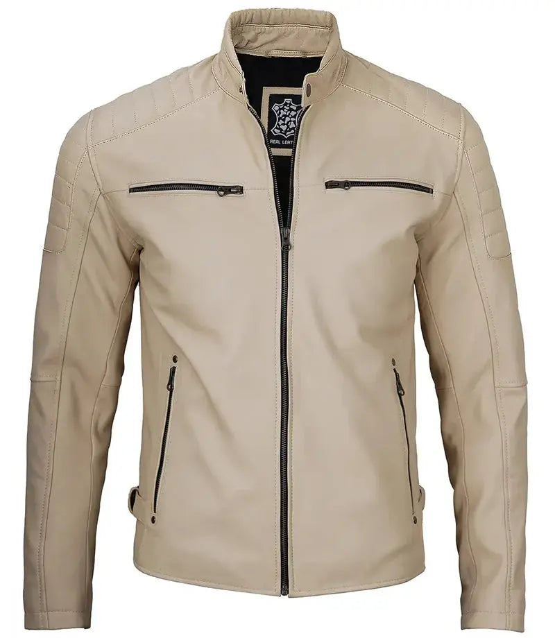 Felix Beige Cafe Racer Leather Jacket - Orca Cloths