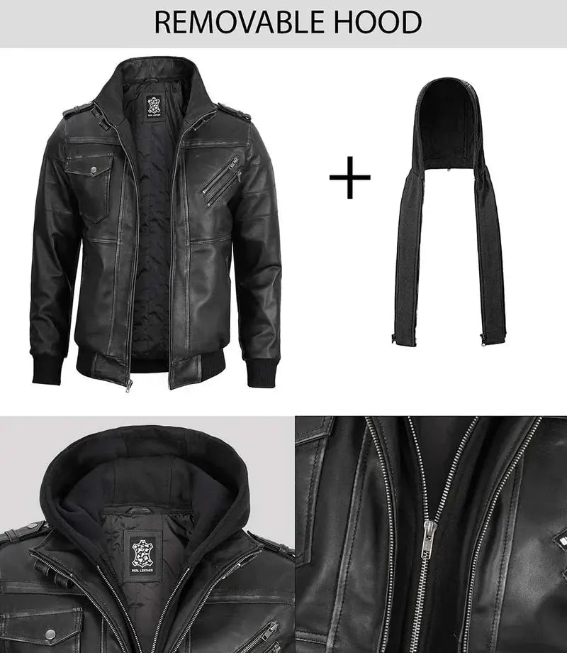 Edinburgh Men's Bomber Grey Removable Hooded Leather Jacket - Orca Cloths