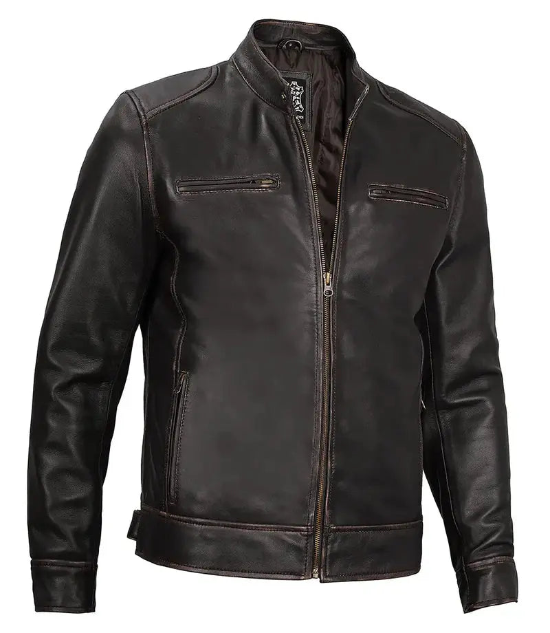 Dodge Mens Rub-off Dark Brown Leather Cafe Racer Jacket - Orca Cloths