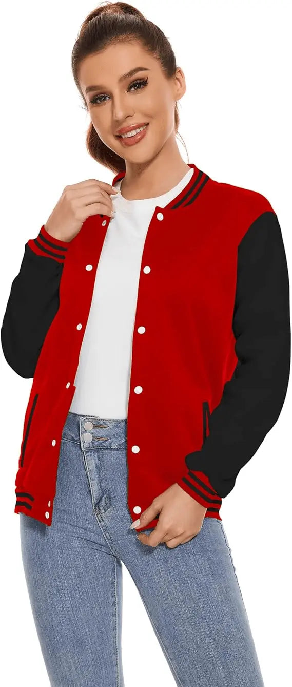 women Varsity Baseball Jacket – Button Up Long Sleeve School Uniform Style Coat