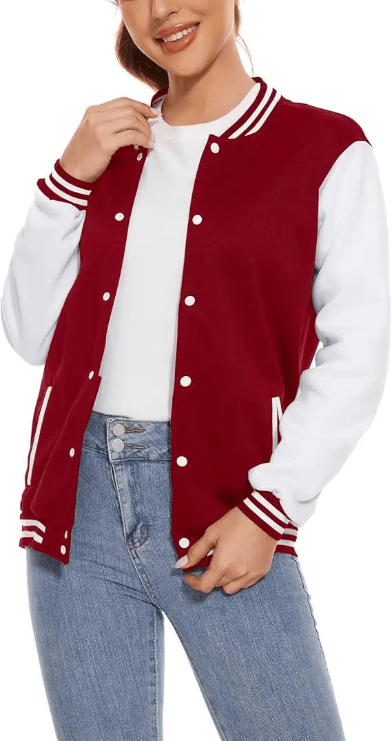 women Varsity Baseball Jacket – Button Up Long Sleeve School Uniform Style Coat
