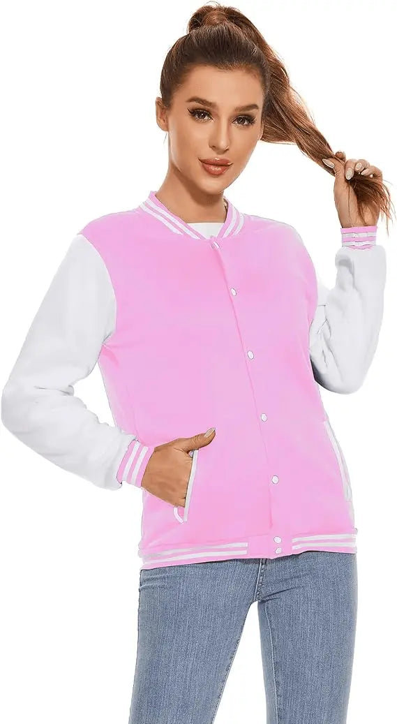 women Varsity Baseball Jacket – Button Up Long Sleeve School Uniform Style Coat