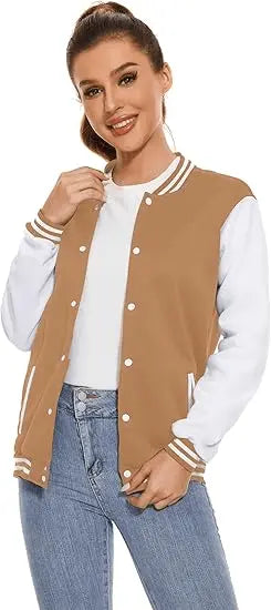 women Varsity Baseball Jacket – Button Up Long Sleeve School Uniform Style Coat
