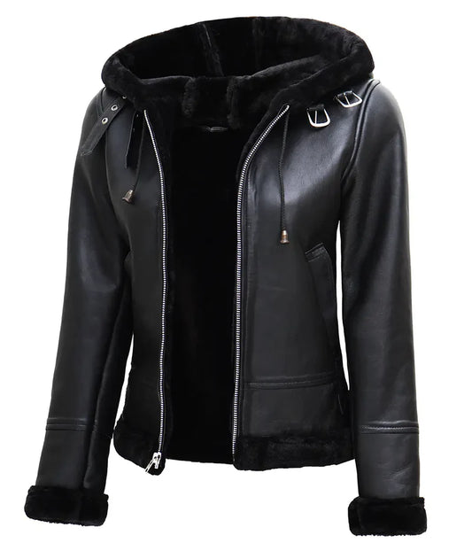 Women's Black Real Leather Hooded Shearling Jacket