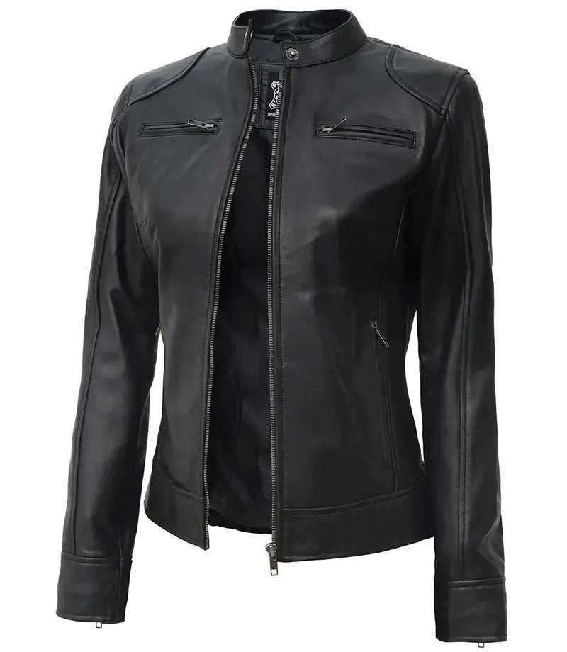 Dodge Petite Women's Black Lambskin Leather Motorcycle Jacket - Orca Cloths