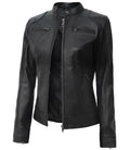 Dodge Petite Women's Black Lambskin Leather Motorcycle Jacket - Orca Cloths