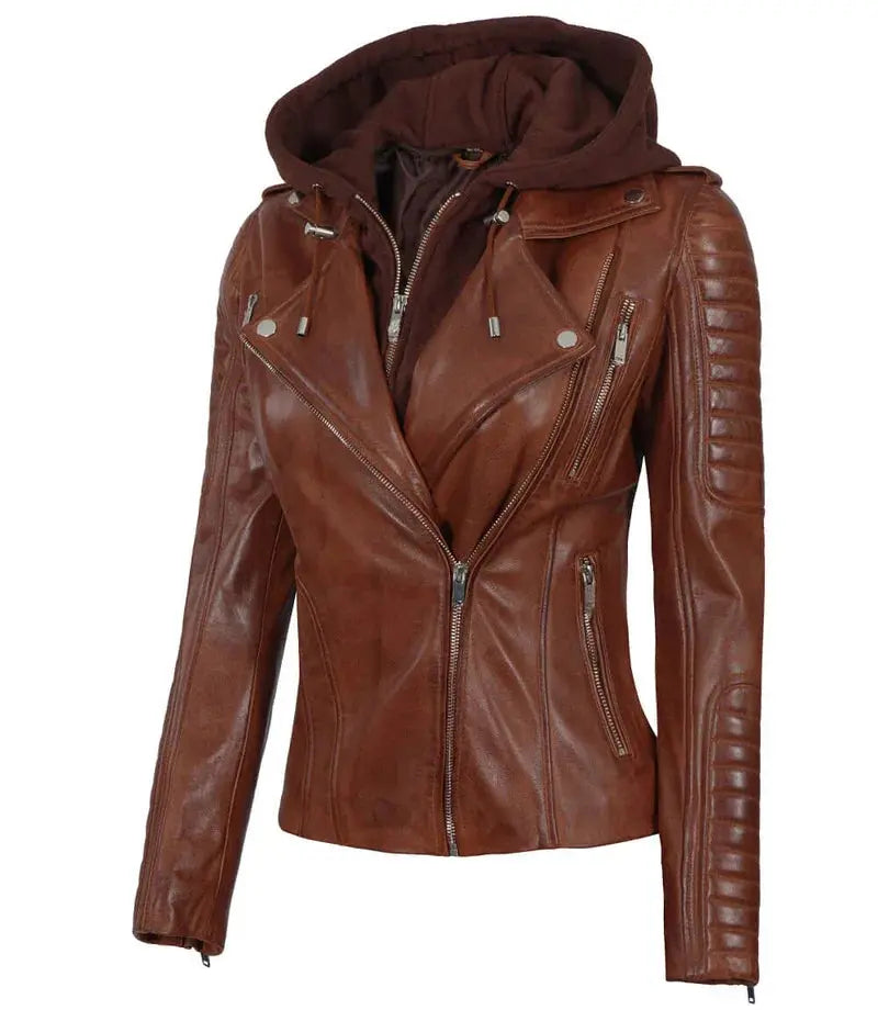 Bagheria Women Cognac Biker Leather Jacket With Removable Hood - Orca Cloths
